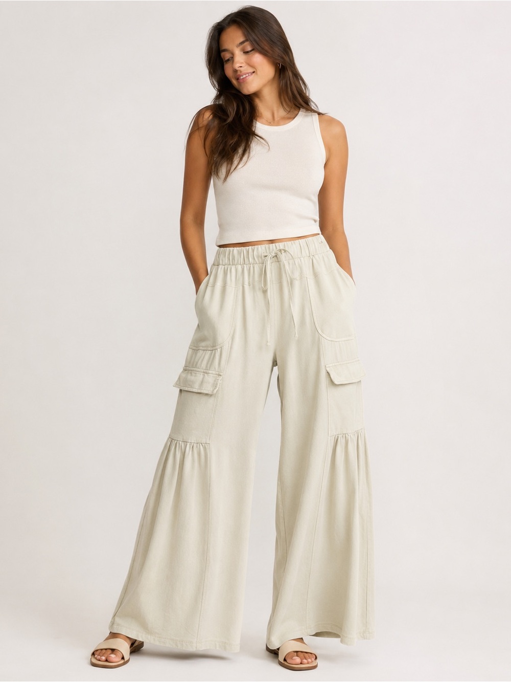 Easel Los Angeles Size L Cream Wide Leg Cargo Pants Drawstring Boho